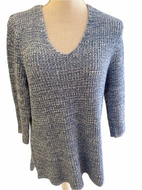 J. Jill Heather Blue/White Marled Open Knit V-Neck Sweater MP